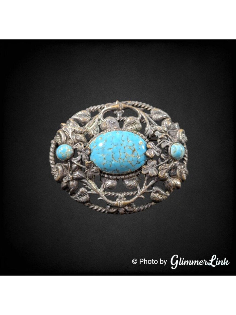 Vintage Art Nouveau Style Blue Marbled Glass Cabochon Floral Silver Tone Brooch